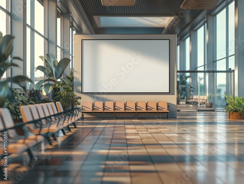 Sunny airport terminal with blank white billboard mockup