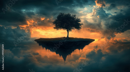 Surreal image of a floating island with a lone tree and a swing, set against a dramatic sky, creating a sense of fantasy and wonder