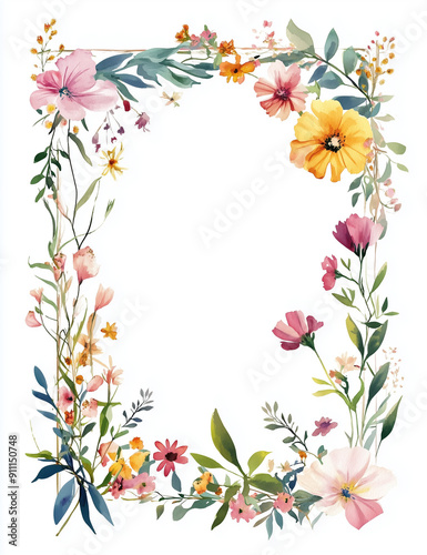 rectangular watercolor floral frame, thin sides, with white background 