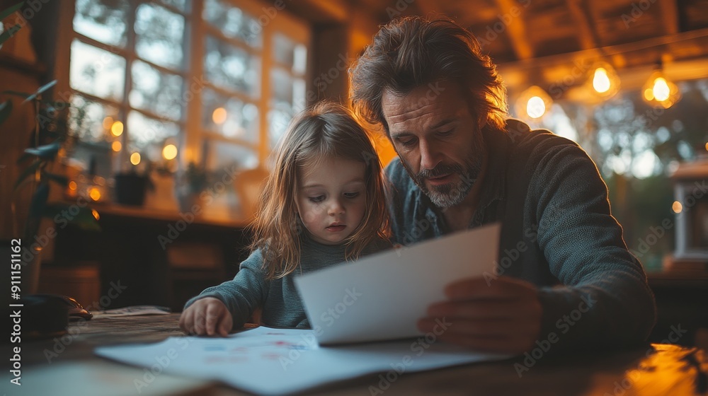 Parent Assisting Child With Homework at a Cozy Kitchen Table During Evening Hours Parent Assisting Child With Homework at a Cozy Kitchen Table During Evening Hours