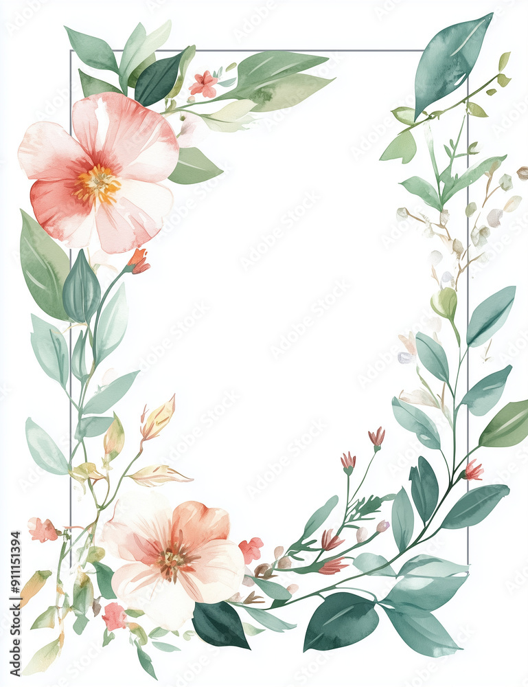 Obraz premium rectangular watercolor floral frame, thin sides, with white background 