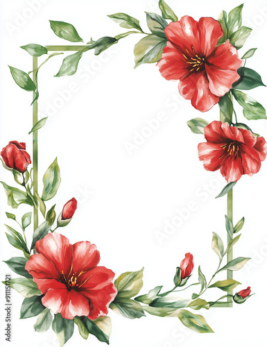 rectangular watercolor floral frame, thin sides, with white background 