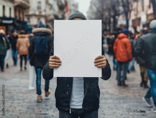 Man holding a blank white poster mockup on a busy city street