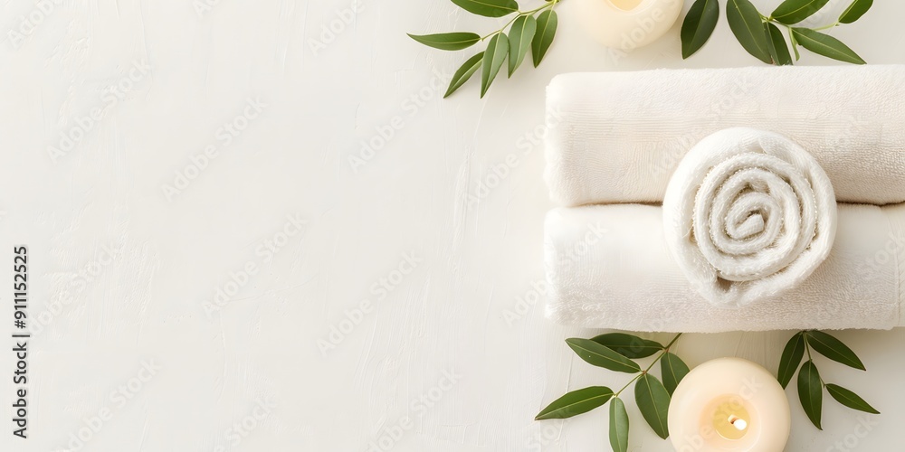 A white background with a roll of white towels and two candles A white background with a roll of white towels and two candles