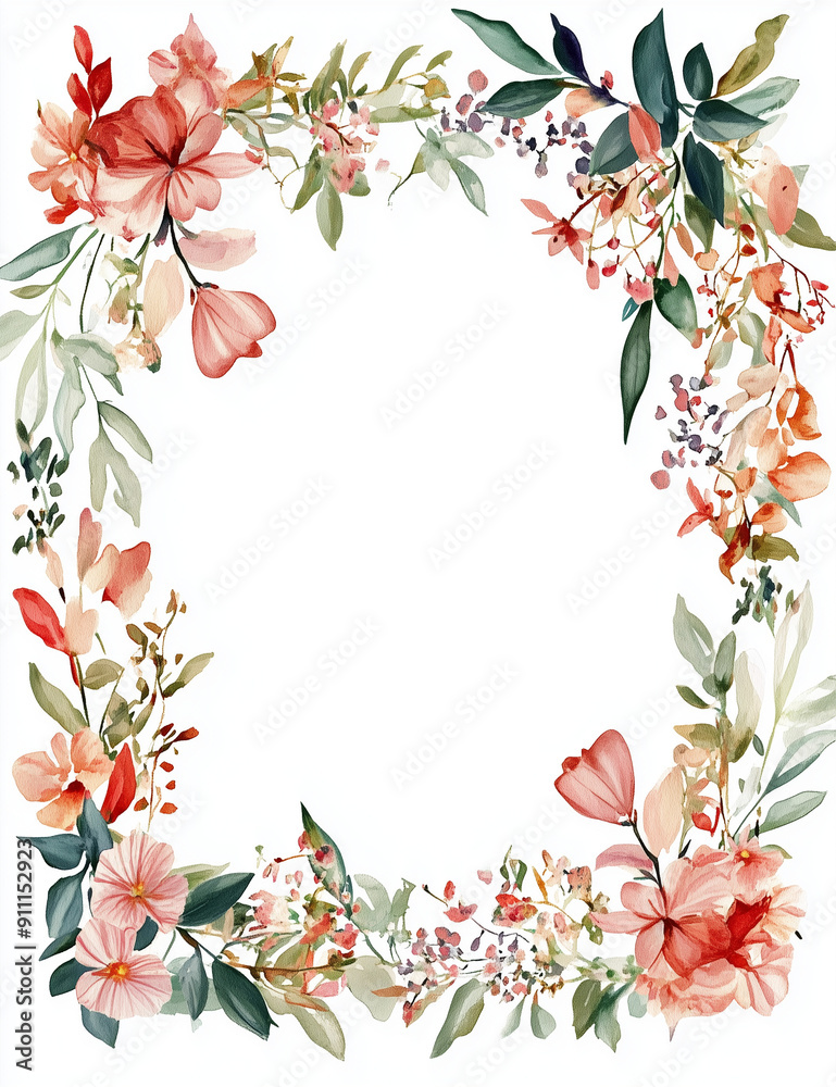 Fototapeta premium rectangular watercolor floral frame, thin sides, with white background 