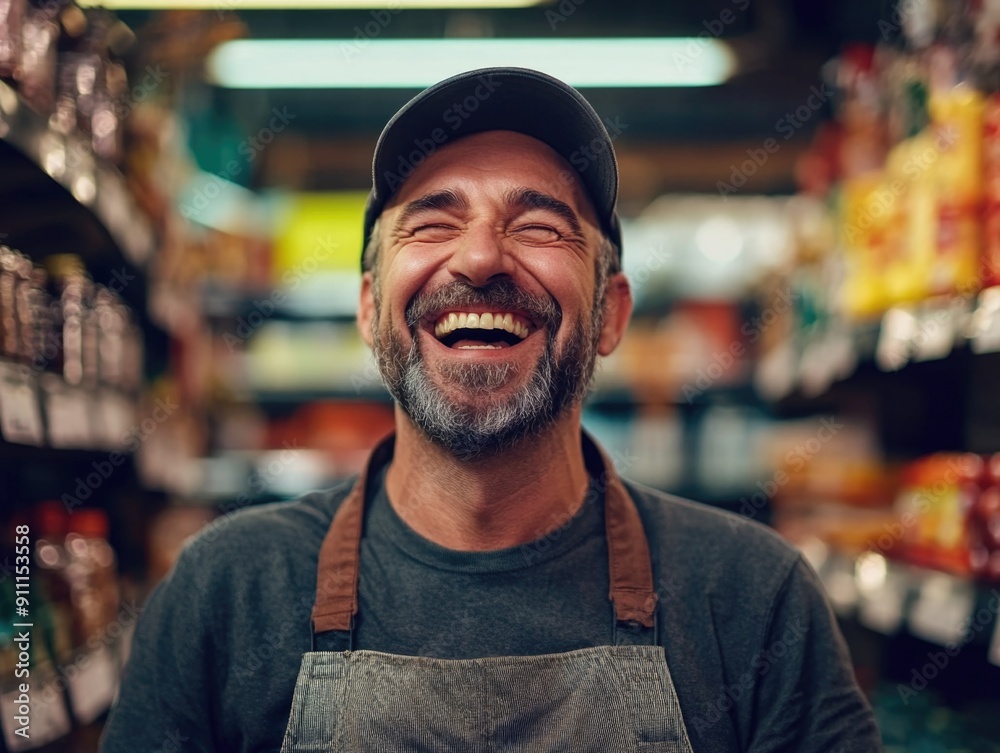 A smiling man in an apron shopping for groceries in a modern store A smiling man in an apron shopping for groceries in a modern store