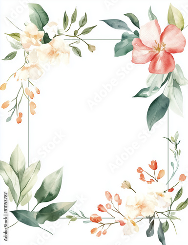 rectangular watercolor floral frame, thin sides, with white background 
