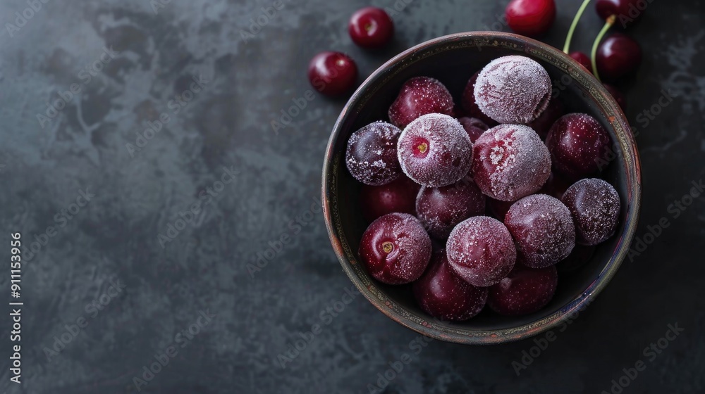 Frozen cherry berries in a small bowl against a dark backdrop viewed from above Frozen cherry berries in a small bowl against a dark backdrop viewed from above