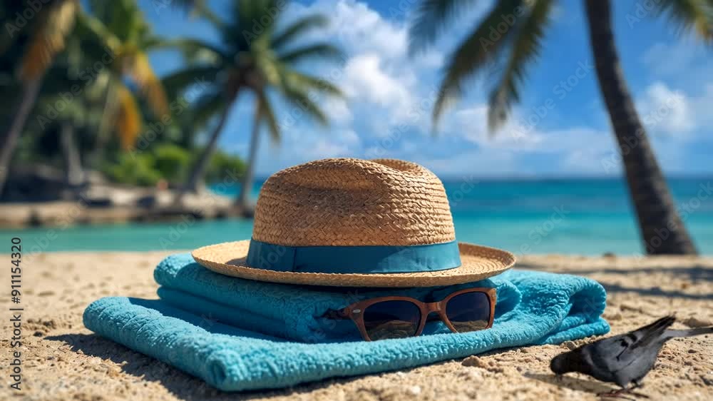 straw hat and sunglasses on the beach