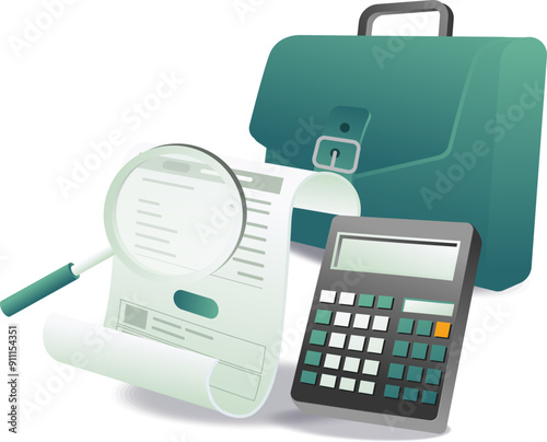 Office essentials briefcase, calculator, magnifying glass on white