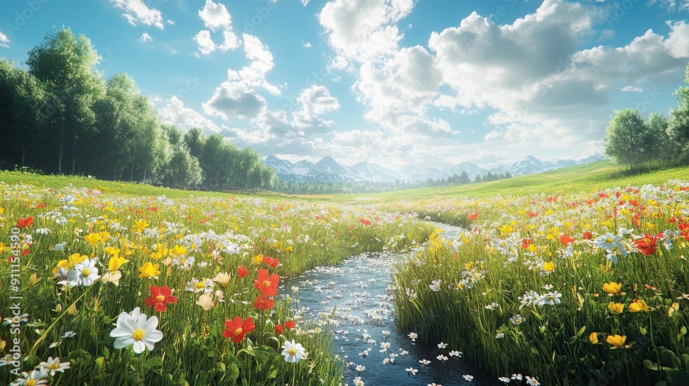 Obraz premium 45. Photorealistic spring field with wildflowers in full bloom, a gentle stream, and a bright, sunny sky creating a serene landscape