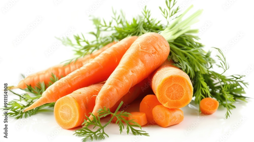 Fresh whole raw carrots with green leaves on white background