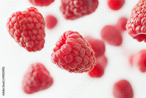 Delicious rasperries floating on white background photo