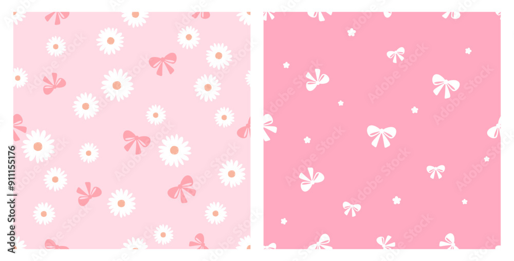 Seamless pattern with daisy flower and ribbon bow on pink backgrounds vector.