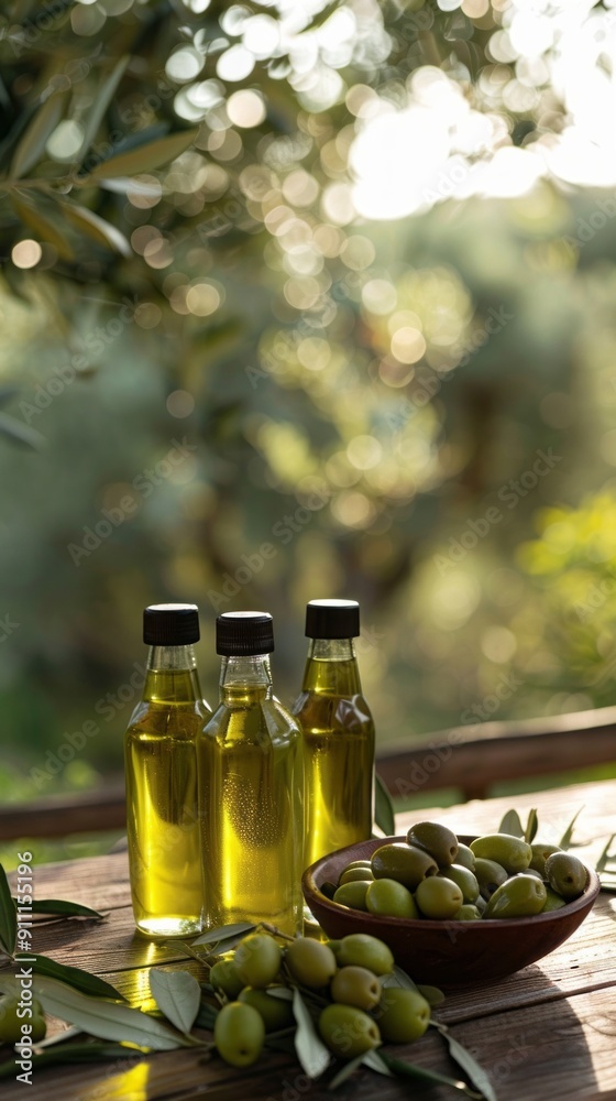 Three bottles of olive oil are on a table next to a bowl of olives Three bottles of olive oil are on a table next to a bowl of olives