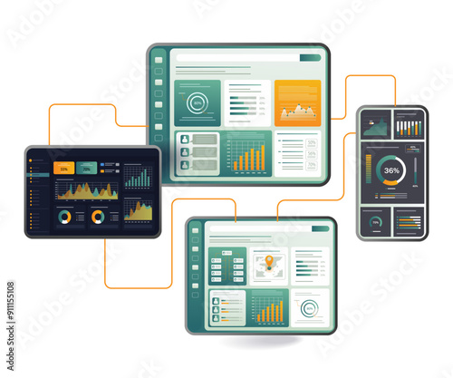 screens displaying various data analytics visualizations