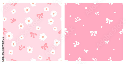 Seamless pattern with daisy flower and ribbon bow on pink backgrounds vector.