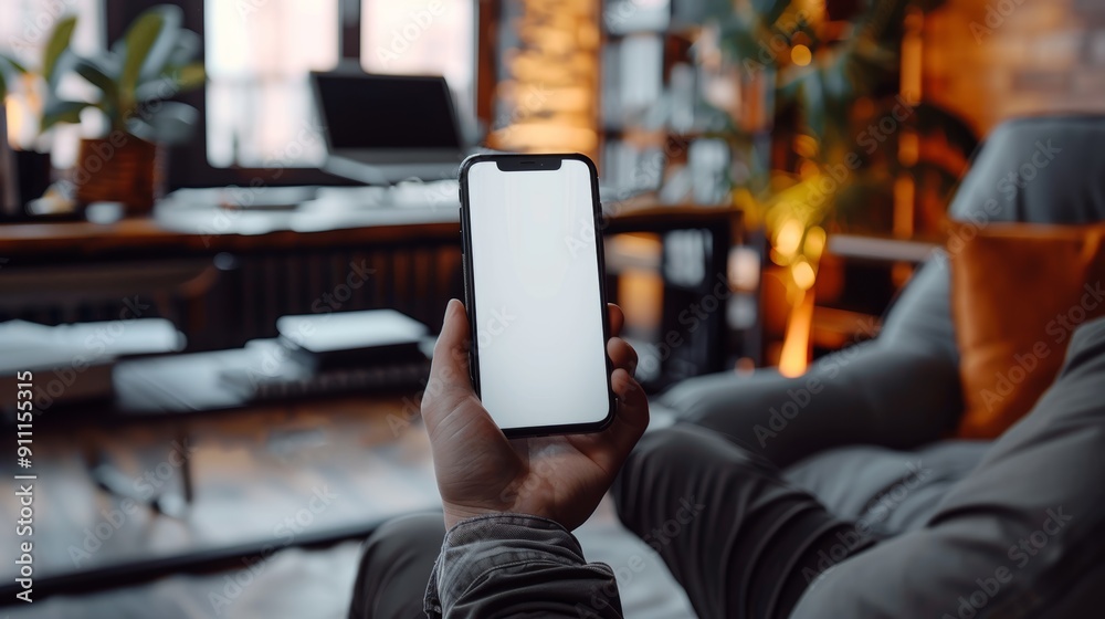 Holding a Smartphone in a Cozy Modern Living Room During Evening Hours Holding a Smartphone in a Cozy Modern Living Room During Evening Hours