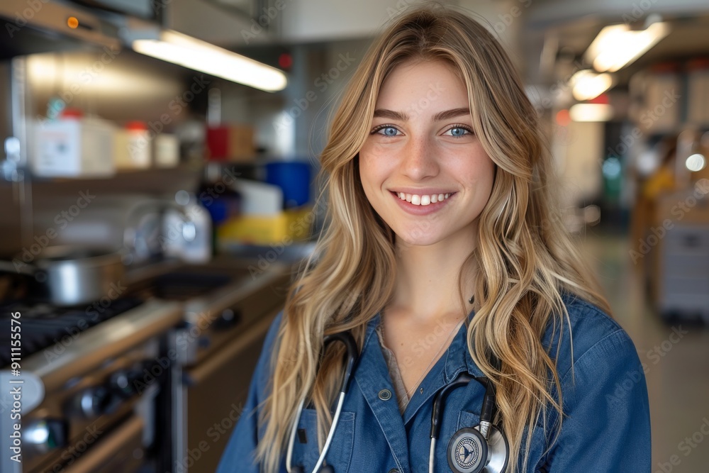 Smiling Female Medical Professional in a Hospital Kitchen Smiling Female Medical Professional in a Hospital Kitchen