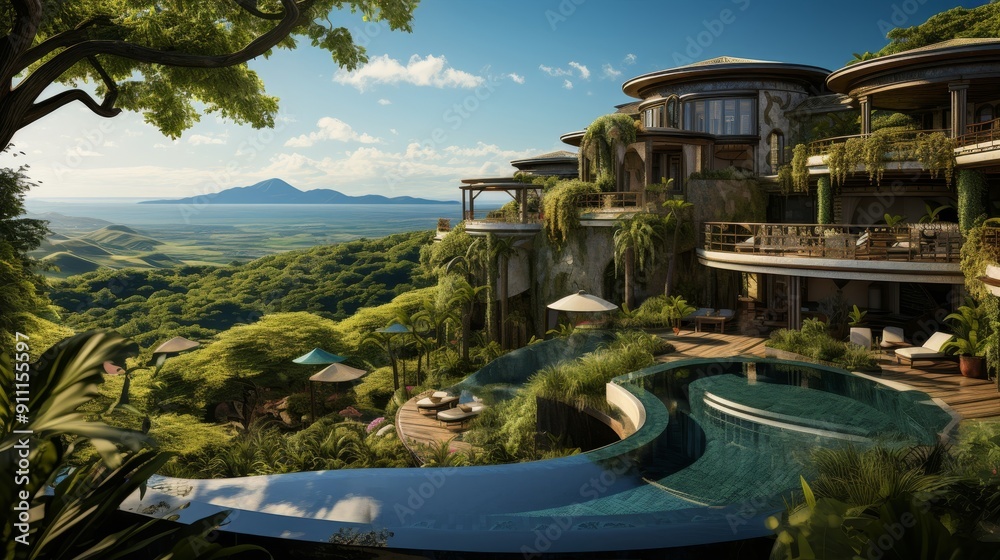 Fototapeta premium Elegant tropical mansions with ocean views.