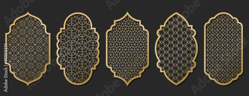 Gold traditional islamic window shape. Arabic golden frames, mosque arches isolated on black background. Muslim architecture design elements, silhouette moroccan borders or gates. Ramadan kareem doors
