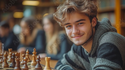 High School Students Engaging in Intense Chess Matches in a Library During Study Hours