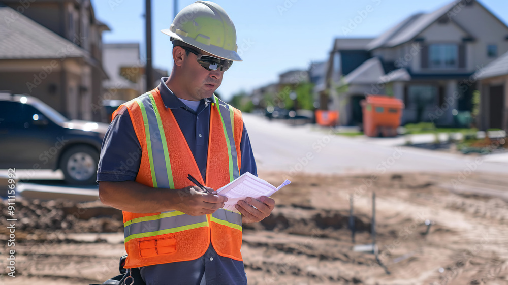 Confident Construction Worker stands proudly at a construction site A confident construction worker in a hard hat and safety vest