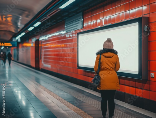 Person viewing a blank white digital screen mockup in a subway station