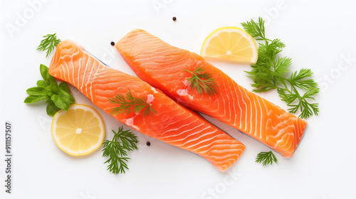 Fresh salmon fillet with parsley and lemon slices 