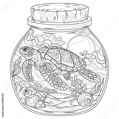 Turtle in a jar .Coloring book antistress for children and adults. 