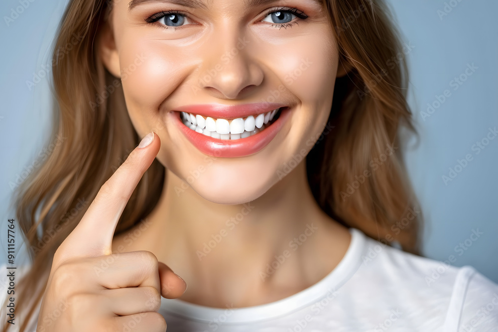 Woman pointing finger at beautiful healthy smile, dental proper teeth cleaning and caries prevention concept. Woman pointing finger at beautiful healthy smile, dental proper teeth cleaning and caries prevention concept.