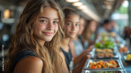 High School Students Selecting Lunch in Cafeteria Line During Lunchtime