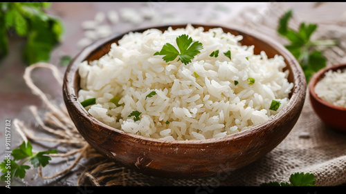 Rice in a wooden dish on the table close-up