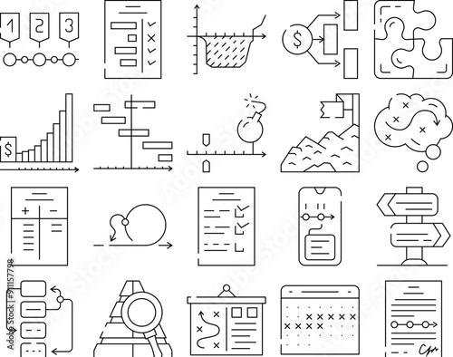 Planning Startup Project Strategy Icons Set Vector. Check List With Task And Calendar With Deadline Date For Planning Goal, Success Achievement And Financial Deposit Contour Illustrations