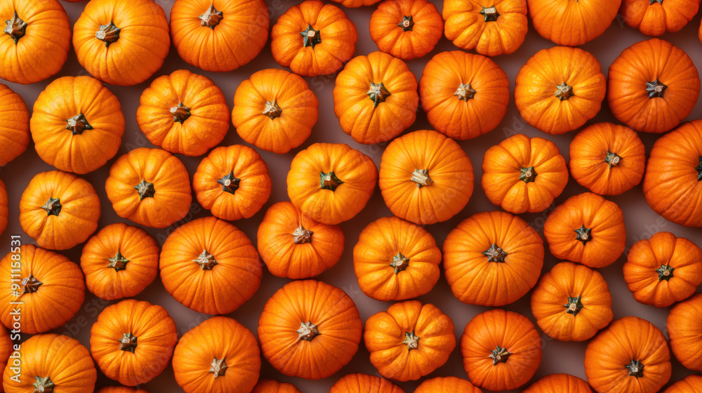 Banner of orange decorative pumpkins. Top view. Autumn background. Banner of orange decorative pumpkins. Top view. Autumn background.