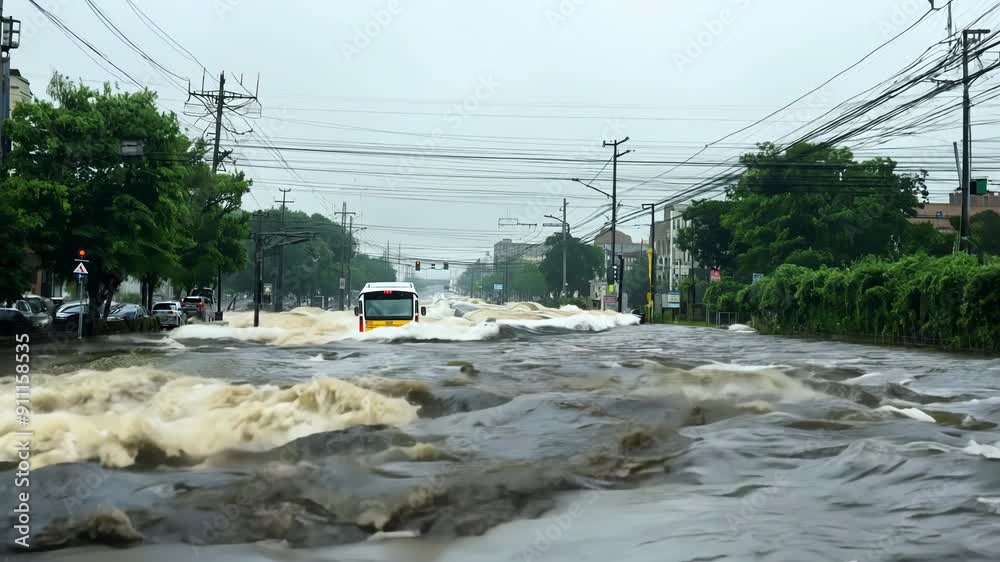 Cars driving through flooded street during heavy rainstorm. Vehicles ...