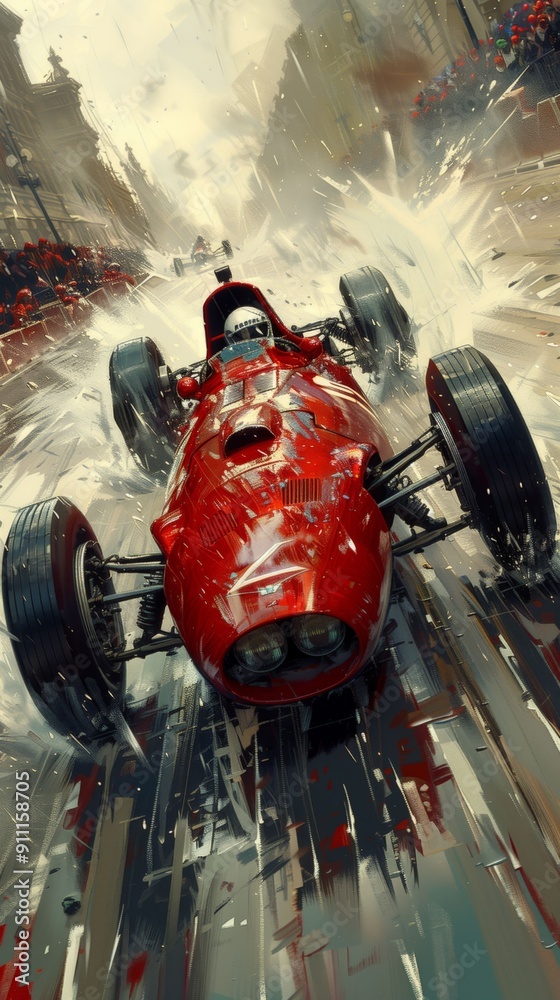 Fototapeta premium Red vintage race car speeding