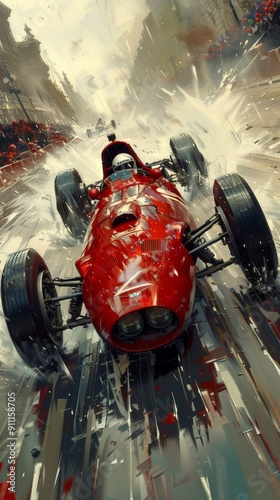 Red vintage race car speeding