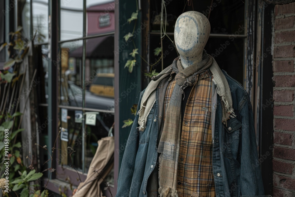 Fototapeta premium Mannequin in storefront window with denim jacket and plaid scarf.