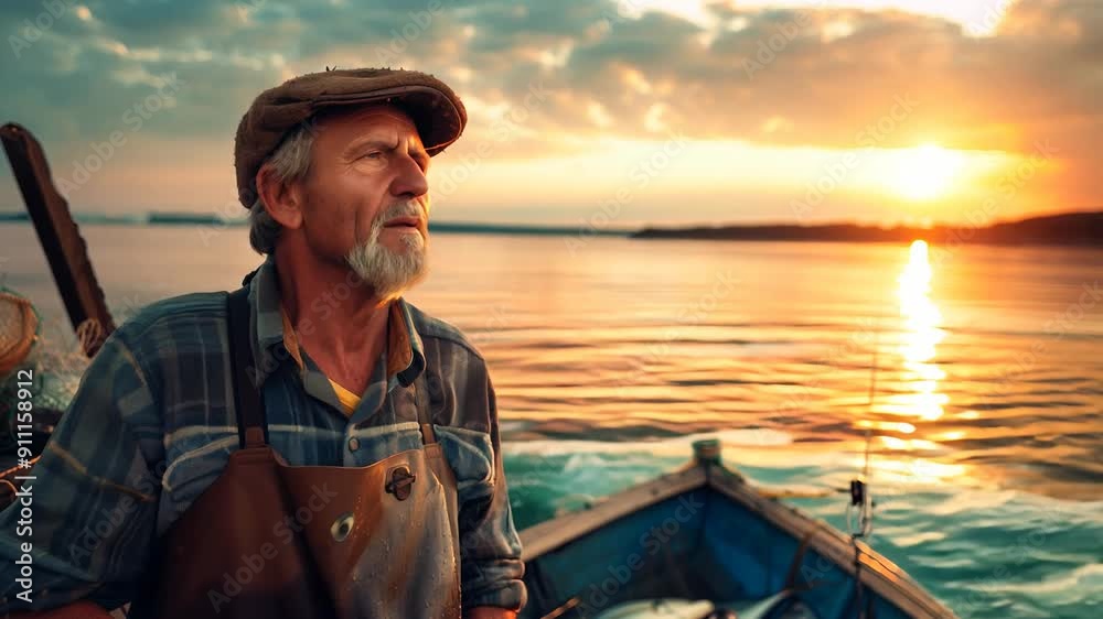 Seasoned fisherman contemplating the horizon at golden hour on the boat. Seasoned fisherman contemplating the horizon at golden hour on the boat.