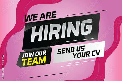 Hiring recruitment design for banner poster. We are hiring lettering with geometric shapes lines. Vector illustration typographic. Open vacancy design template

