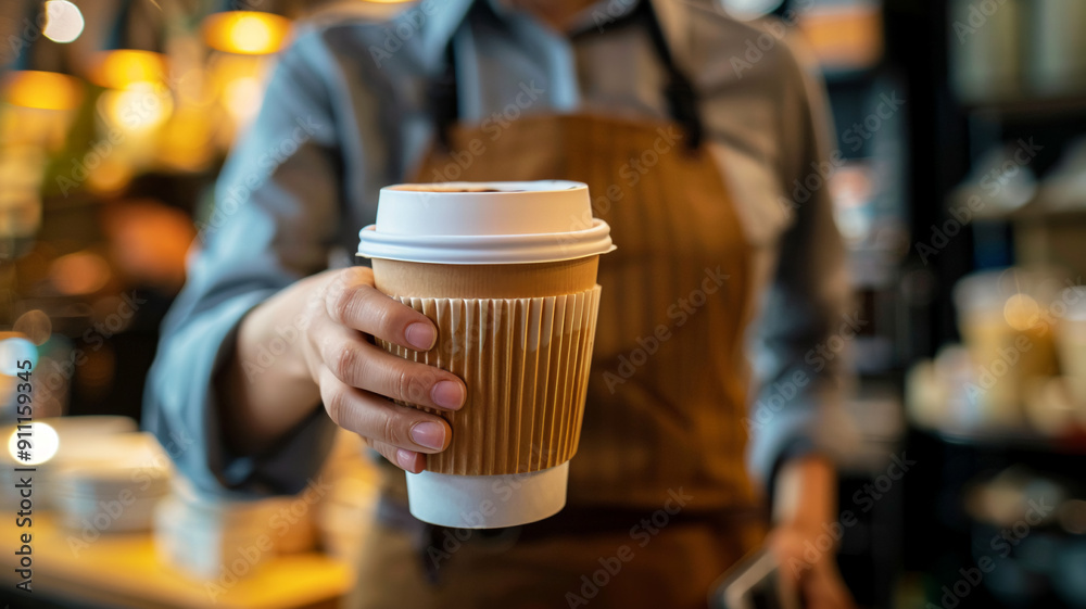 barista holding take away blank paper coffee cup barista holding take away blank paper coffee cup