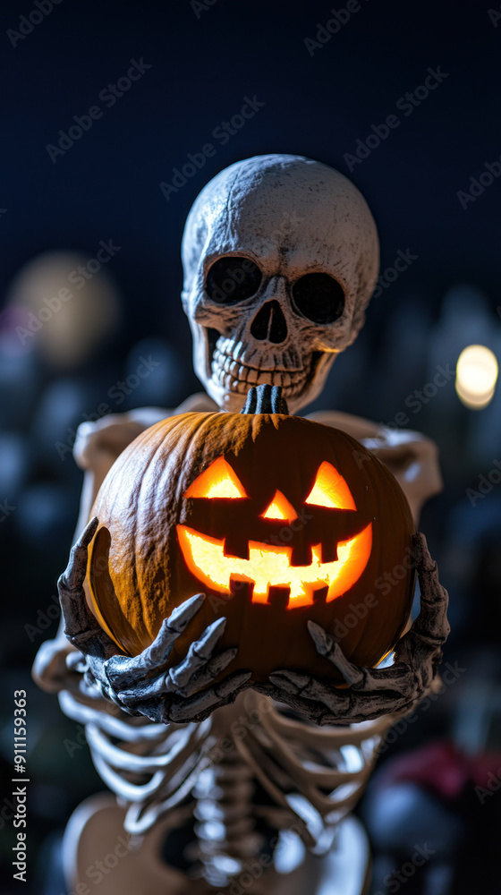 Skeleton with burning pumpkin Jack O' Lantern in hand at night. Halloween concept. Vertical orientation. Skeleton with burning pumpkin Jack O' Lantern in hand at night. Halloween concept. Vertical orientation.