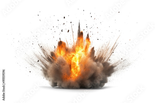 A powerful explosion with vibrant flames and billowing smoke, capturing the intense energy and dynamic chaos of a fiery blast on a transparent background.