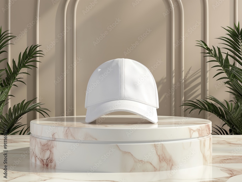 Fashion mockup of white cap on marble stand with elegant setting Fashion mockup of white cap on marble stand with elegant setting