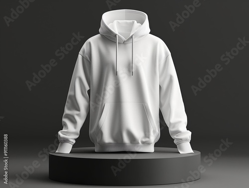 Fashion mockup of white hoodie on black pedestal in dark setting