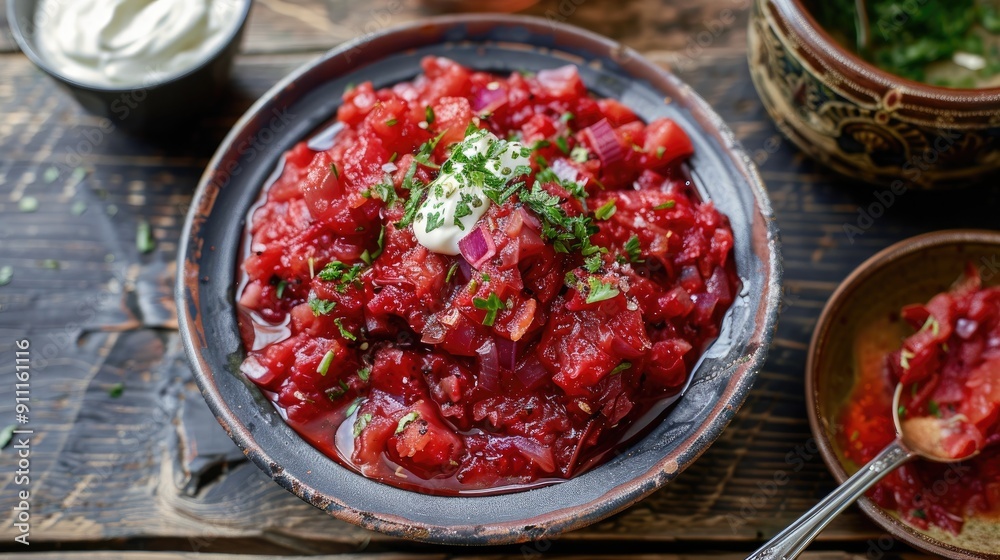 Meatless red borscht with mayonnaise on the table Meatless red borscht with mayonnaise on the table