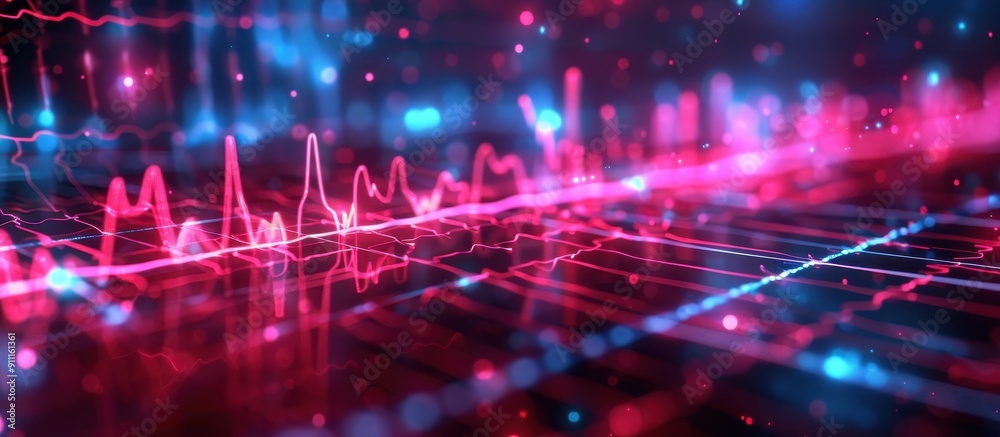 Naklejka premium Abstract Digital Data Visualization with Neon Lights and Graphs in Red and Blue Tones