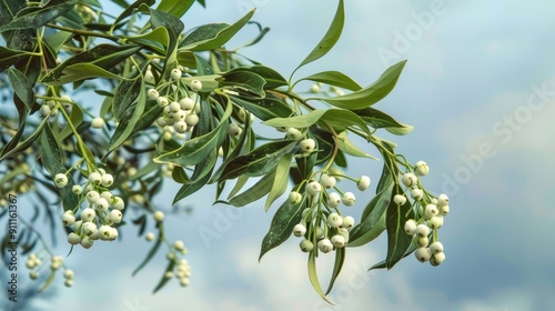 Mistletoe suspended on tree with overcast skies