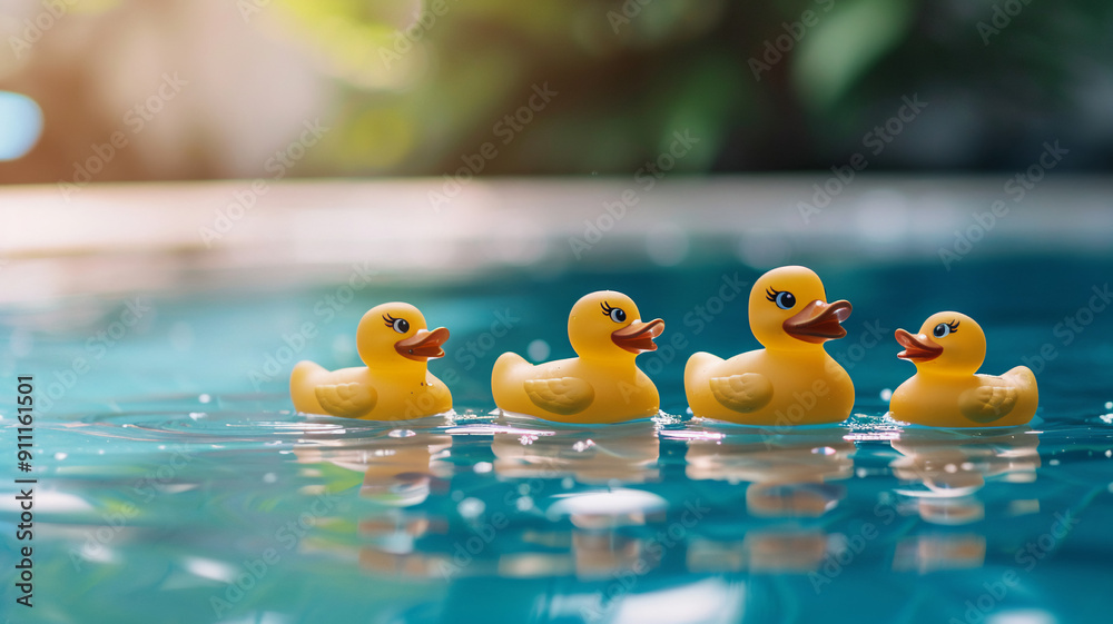 Rubber ducks in the pool close up Rubber ducks in the pool close up